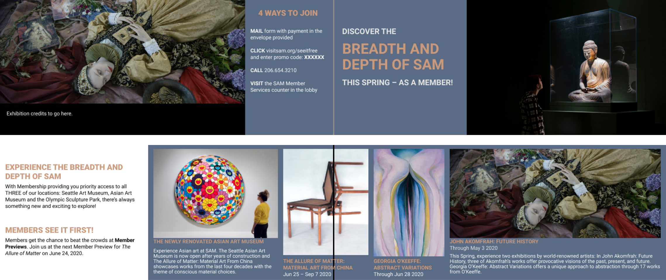 the front and inside artwork for a proposed brochure for SAM.